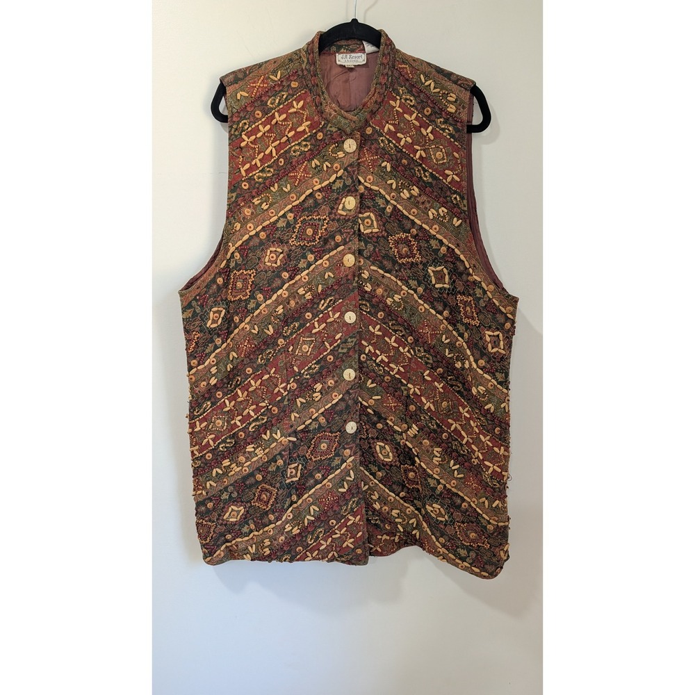 J.A. Resort Vintage Beaded Tapestry Vest Boho Embellished Button Front 3X